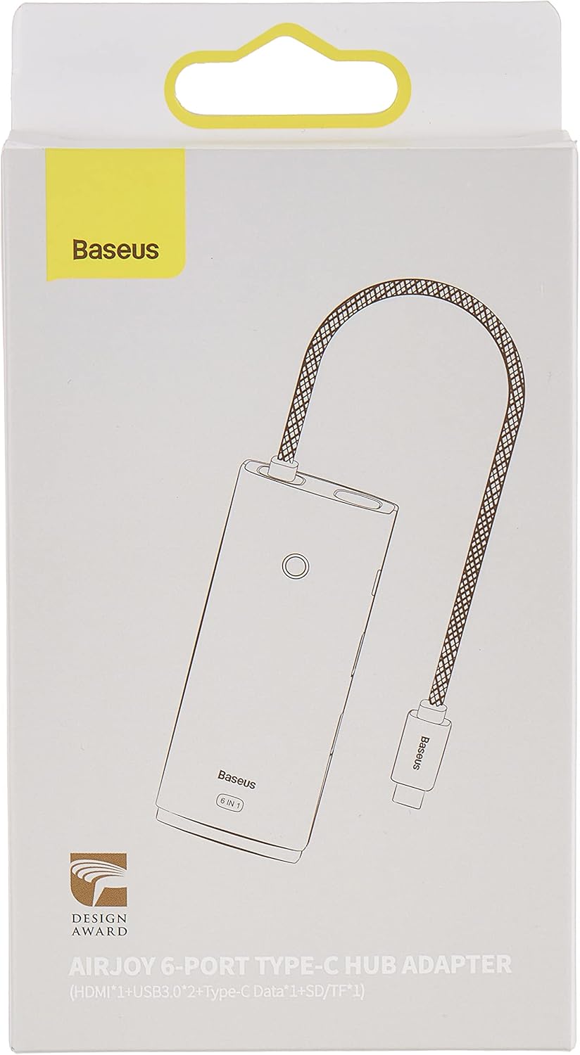 Baseus AirJoy Hub USB-C 6-in-1 – Adattatore Docking Station con HDMI 4K, 2x USB 3.0, SD/TF e USB-C Data