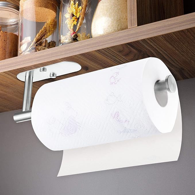 Self-Adhesive Stainless Steel Kitchen Roll Holder - Under Cabinet or Wall Mount