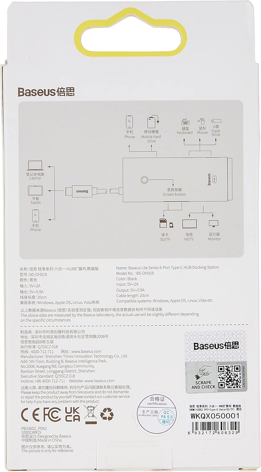 Baseus AirJoy Hub USB-C 6-in-1 – Adattatore Docking Station con HDMI 4K, 2x USB 3.0, SD/TF e USB-C Data