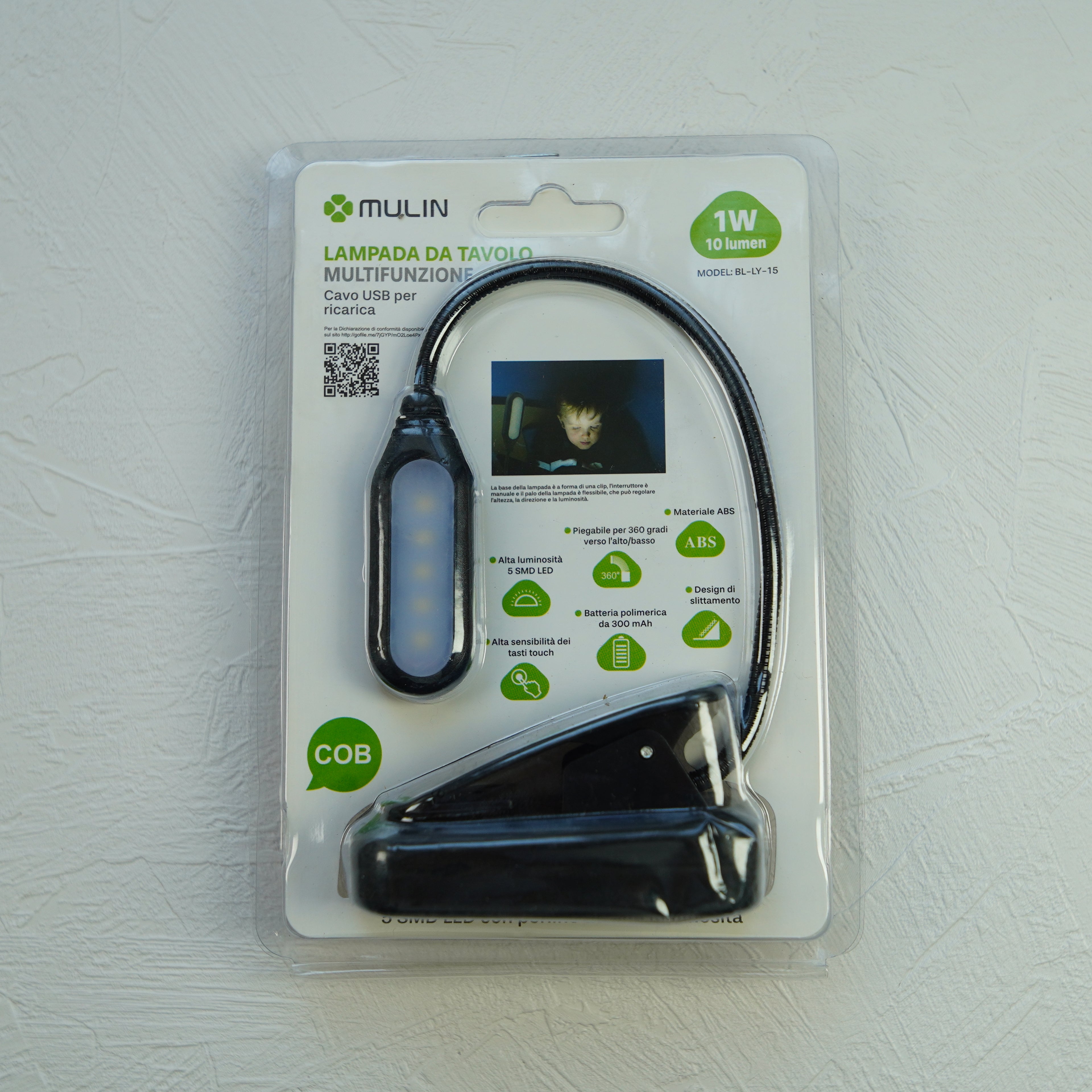 Lampada da Lettura LED con Clip MULIN BL-LY-15 | Ricaricabile USB, Collo Flessibile 360°, Tasti Touch & Batteria Integrata | 1W 10 Lumen