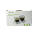 Juego de 2 tazas de café de doble pared de cristal de borosilicato MULIN – 80 ml con platillos, aislamiento térmico para bebidas frías y calientes